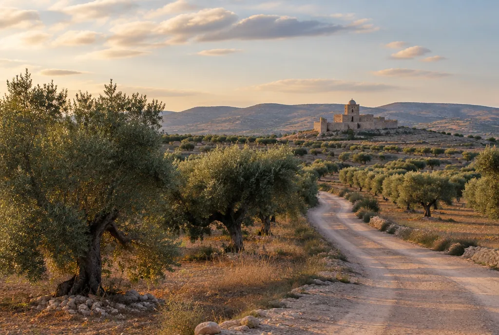 Olive groves and a historic stone building in the countryside near Kairouan