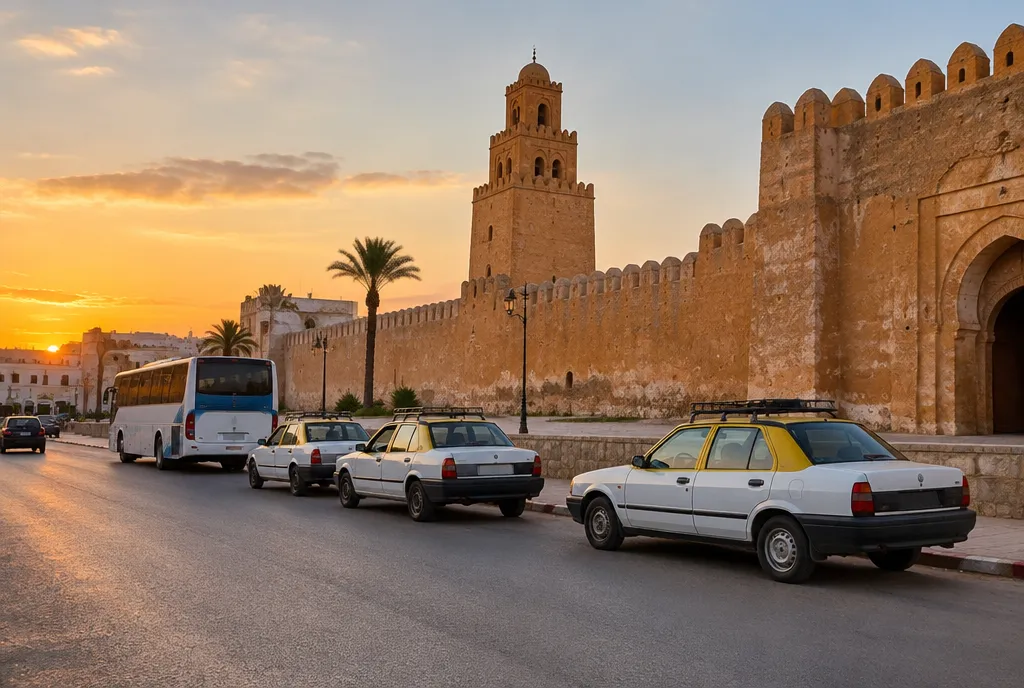 Buses and shared taxis parked beside the ancient walls of Kairouan at sunset