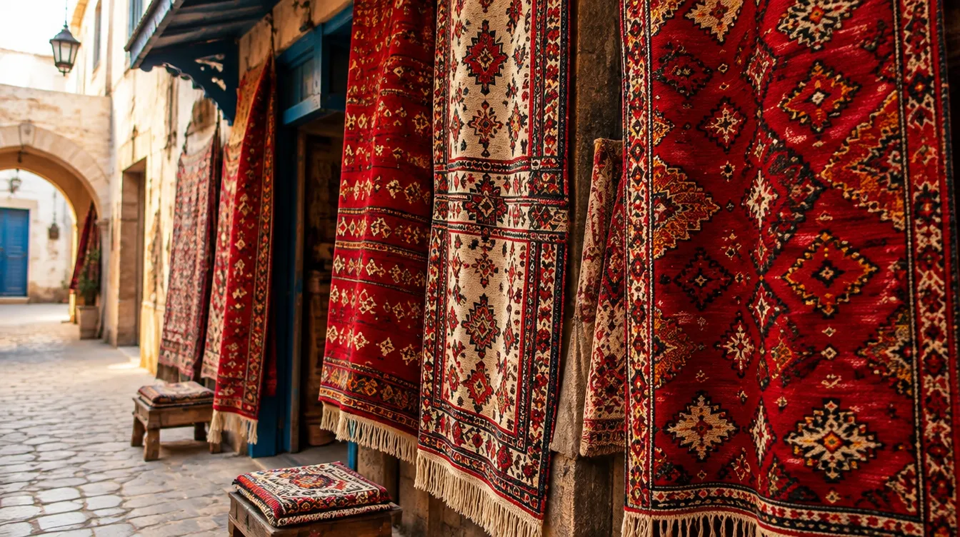 Red hand-woven Kairouan carpets hanging in the medina