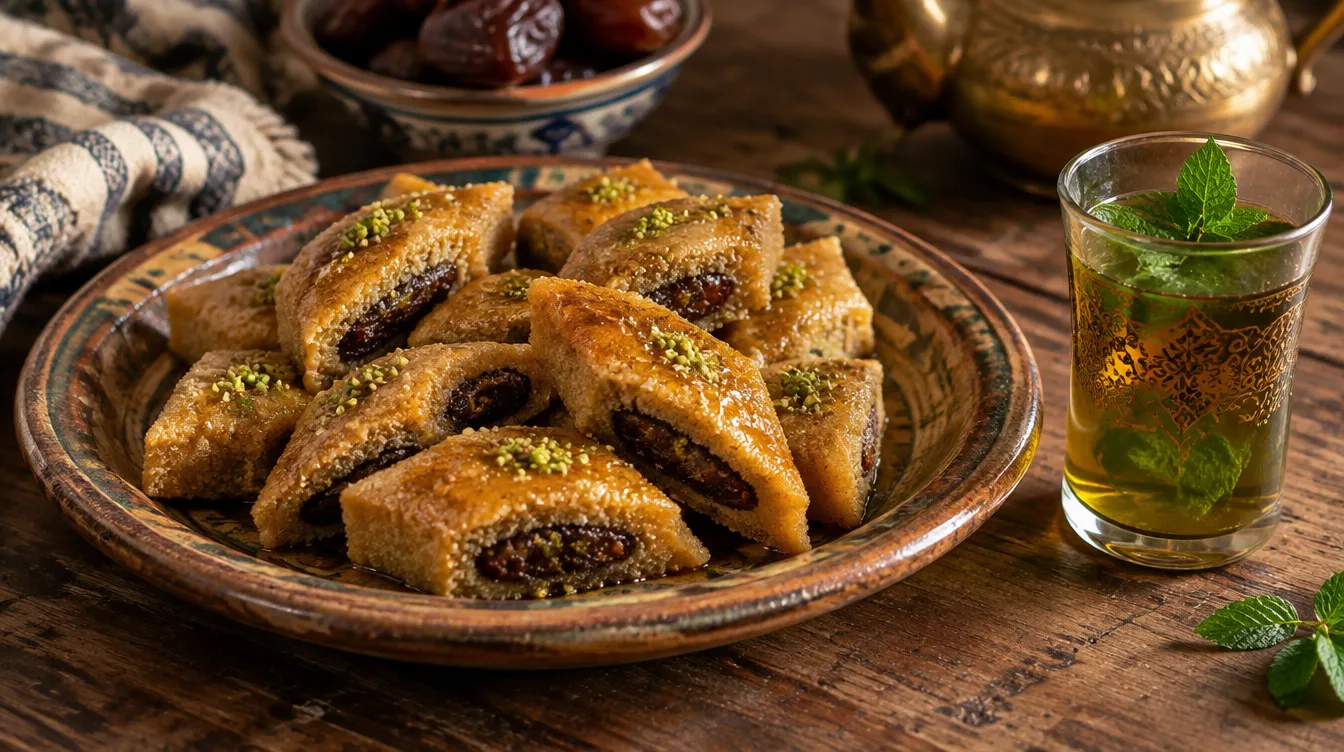 Makroudh pastries and mint tea on a table in Kairouan