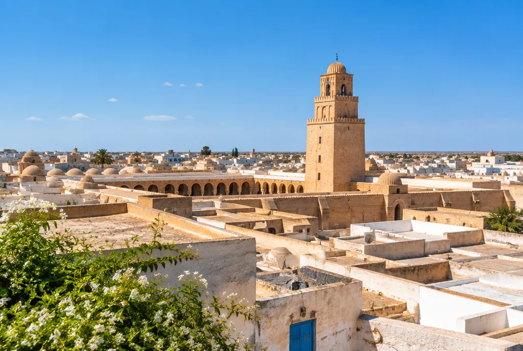 Rooftops of the Kairouan medina and the Great Mosque minaret under a clear blue sky